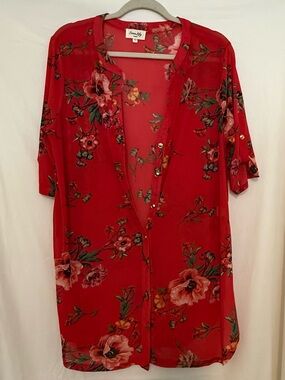 Simply Be Red Floral Sheer Button-Front Tunic Blouse